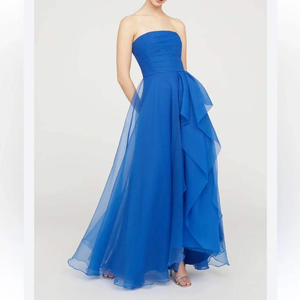 Theia Blue Asymmetrical Ruffled Strapless Gown - Picture 1 of 9